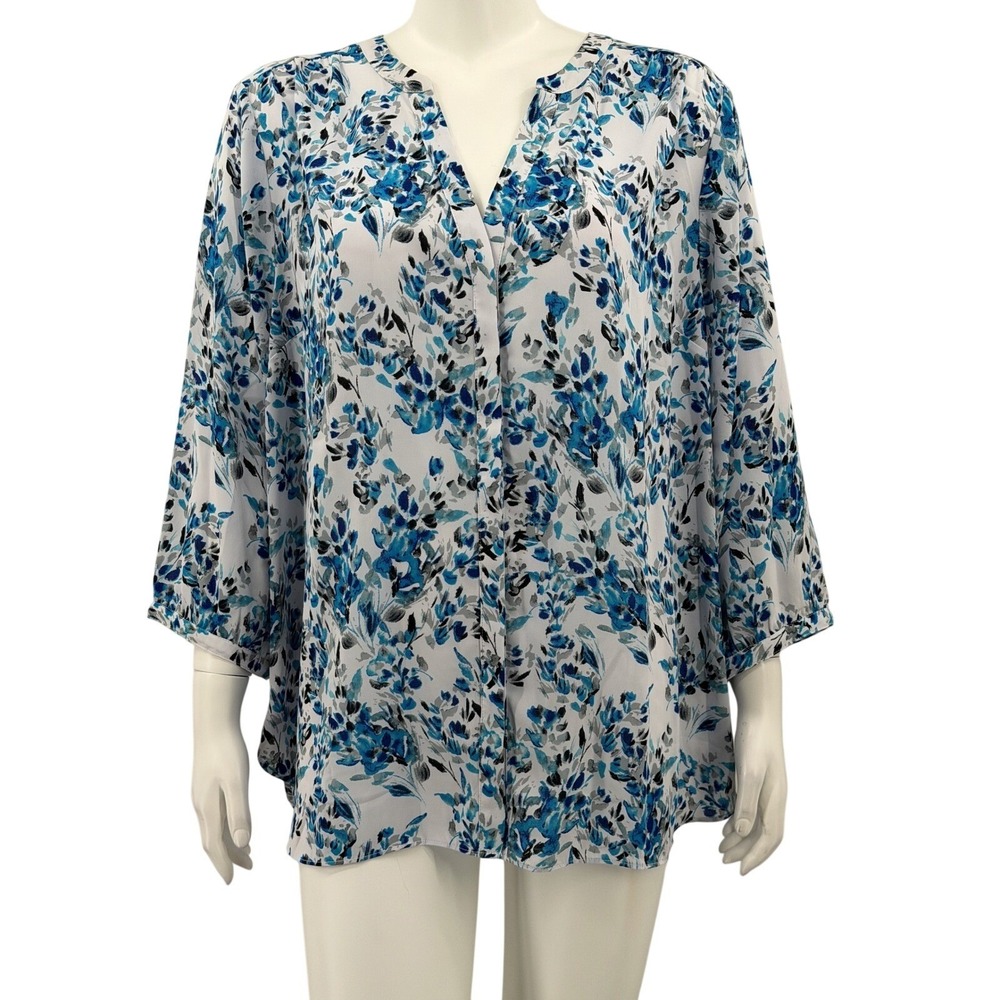NYDJ Top Womens 1X Blue Floral V-Neck Button Up Spring Lightweight Office Work